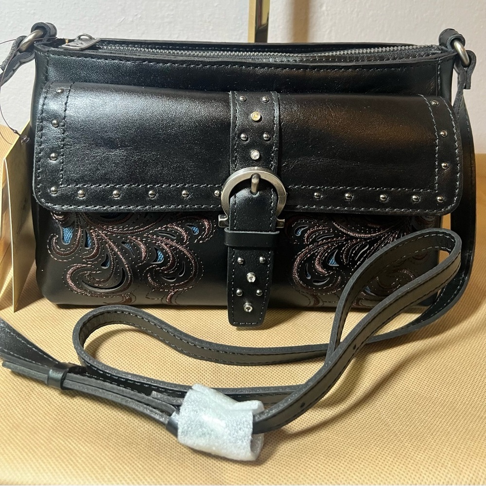 New Patricia Nash Leather Studded & Embroidered Maisie Crossbody Black